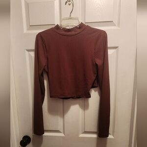 Francesca's Collections Ribbed Long Sleeve Crop Top - Brown